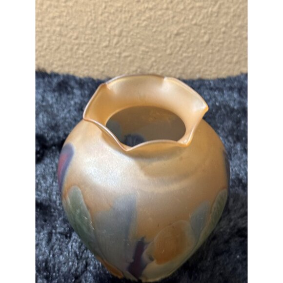 Hand Painted Rueven Orange Blues Art Glass Vase Multicolor Swirl Design 5" tall - Picture 2 of 6